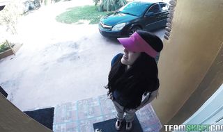 Tasty barely legal darling Kimber Woods stuffs her little face hole and tight cunny with love rocket